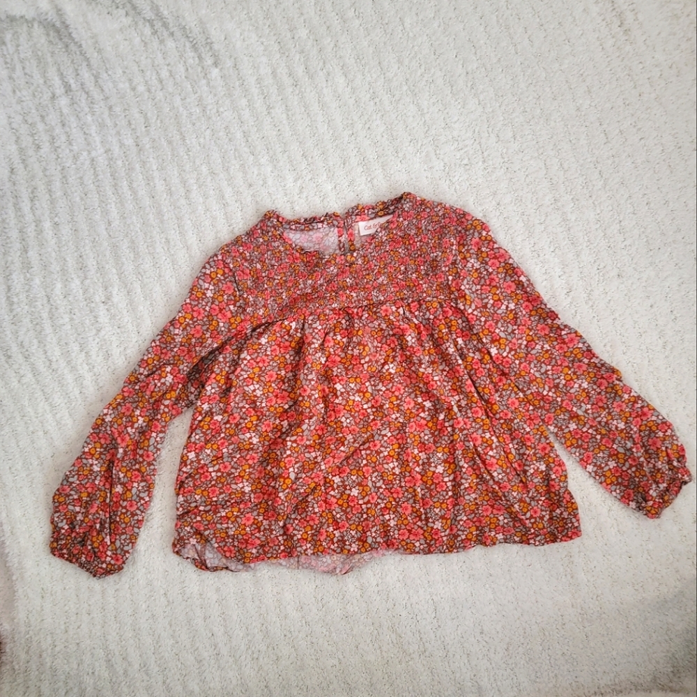 Fall colored Flower Print Long Sleeve Blouse with Keyhole Neck Detail In Back